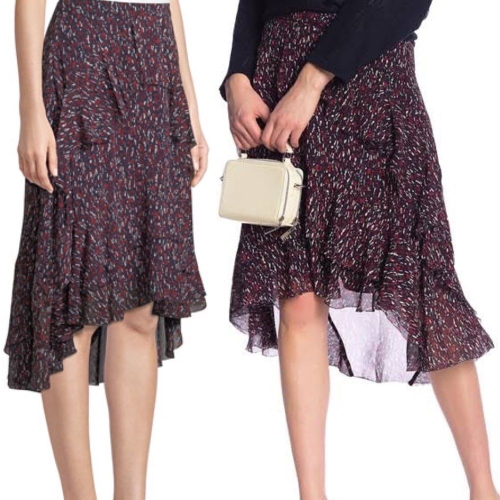 Joie Brigida Asymmetric Tiered Abstract Print Silk High-Low Midi Skirt Medium